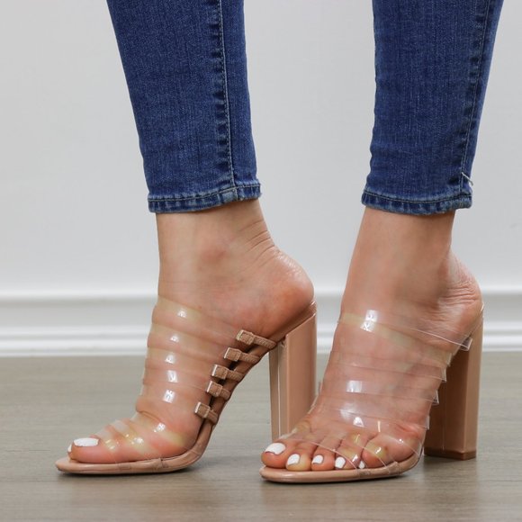 Nude & Clear Strappy Chunky Heel Open Toe Sandals - Picture 8 of 8